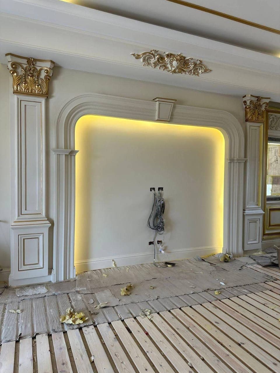 Custom wooden bed wall panel with built-in lighting