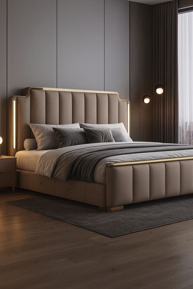 Bedroom feature wall with wood cladding and headboard