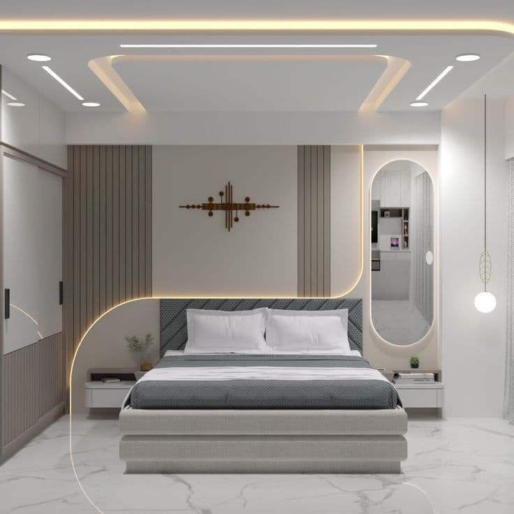 Modern bed wall with horizontal wood slats