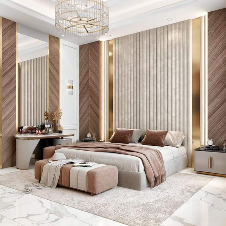Full-height bedroom wood paneling behind bed