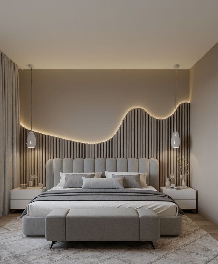 Elegant bed wall with fluted wood detailing