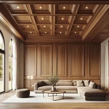 Modern wooden slatted ceiling with cove lighting