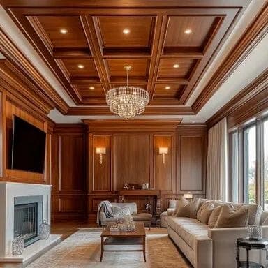 Luxury living room with coffered wood ceiling and chandelier