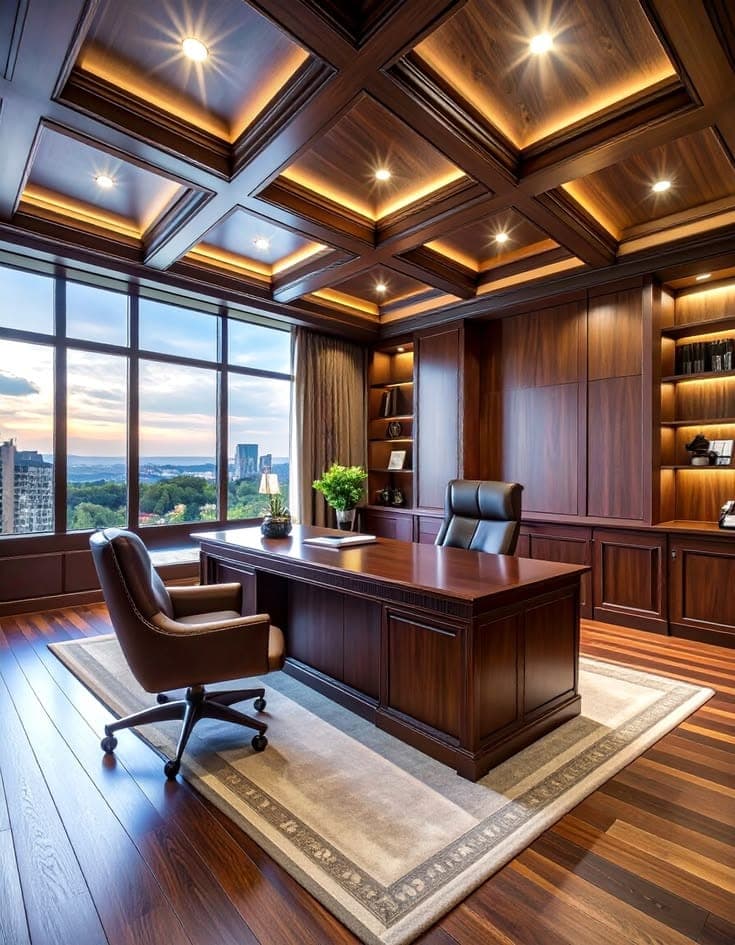 Executive office with illuminated coffered wooden ceiling