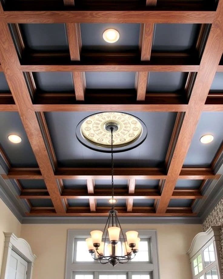 Ornate coffered ceiling with gold floral panels and crystal chandelier