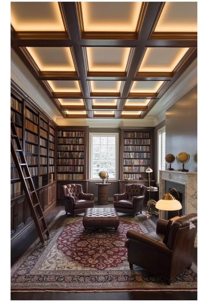 Traditional coffered wood ceiling with dark recessed panels