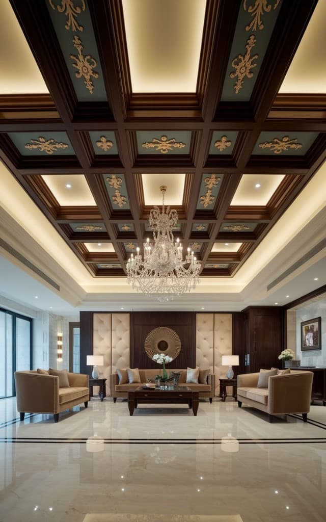 Living room with wood-paneled coffered ceiling and sectional sofa