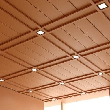 Geometric wood beam ceiling with square LED lights
