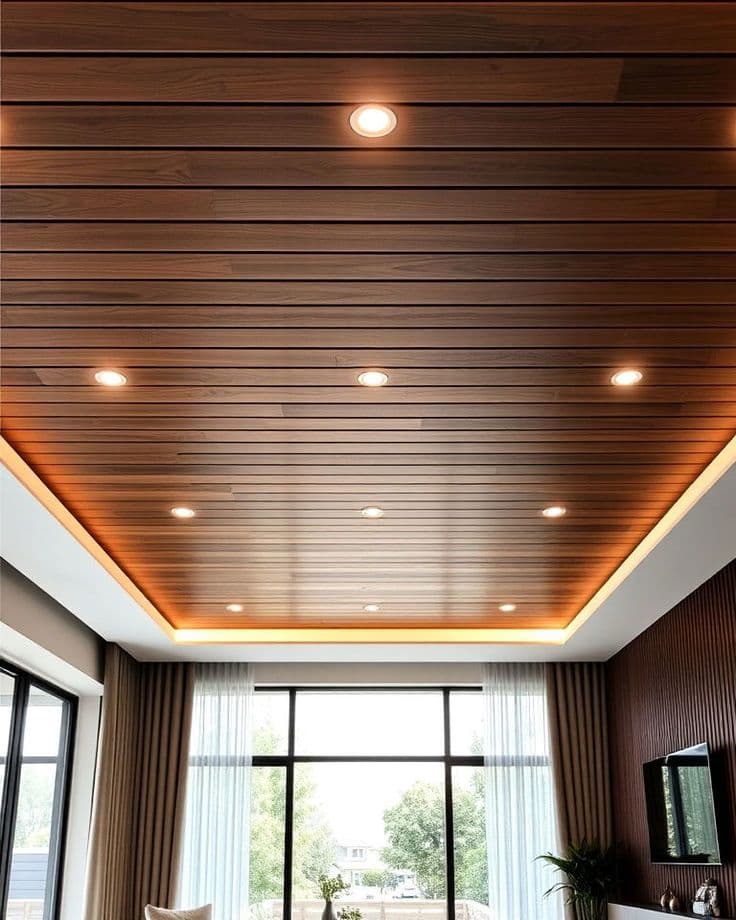 Natural wood baffle ceiling with parallel slats