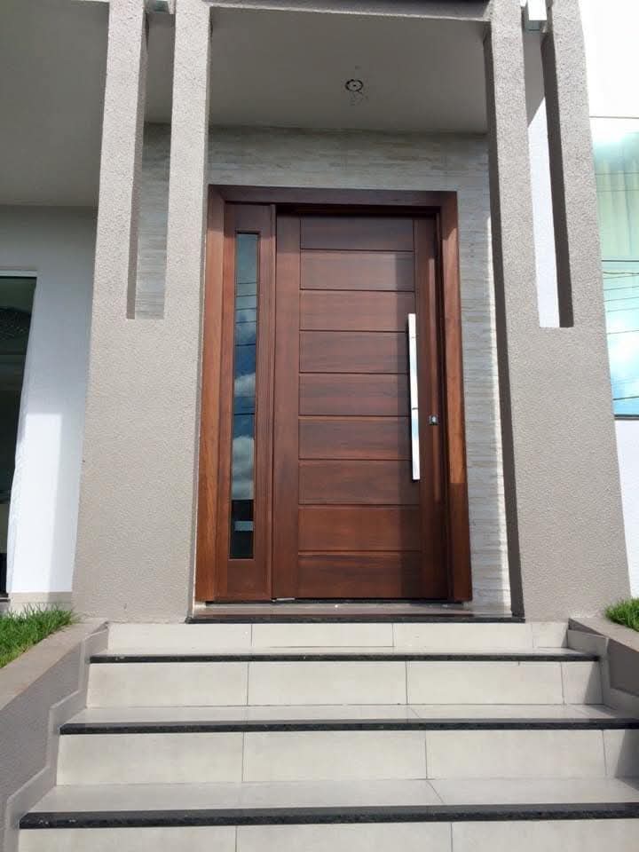 Modern entrance door with horizontal panels and steps