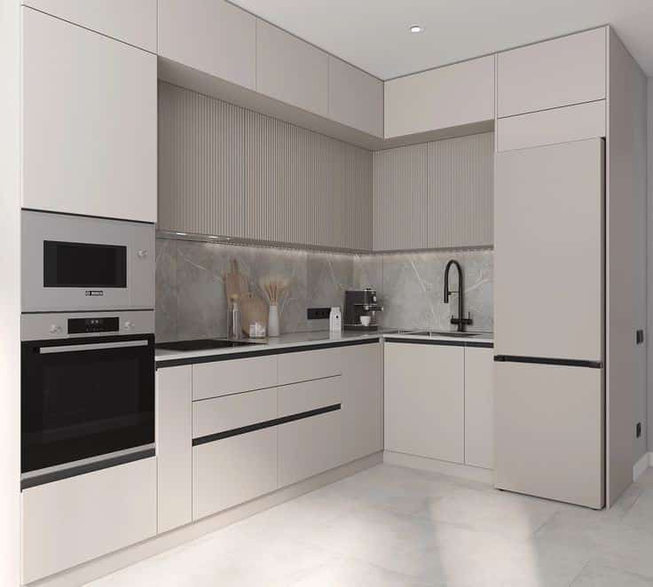 Modern beige L-shaped kitchen with fluted cabinets and Bosch appliances