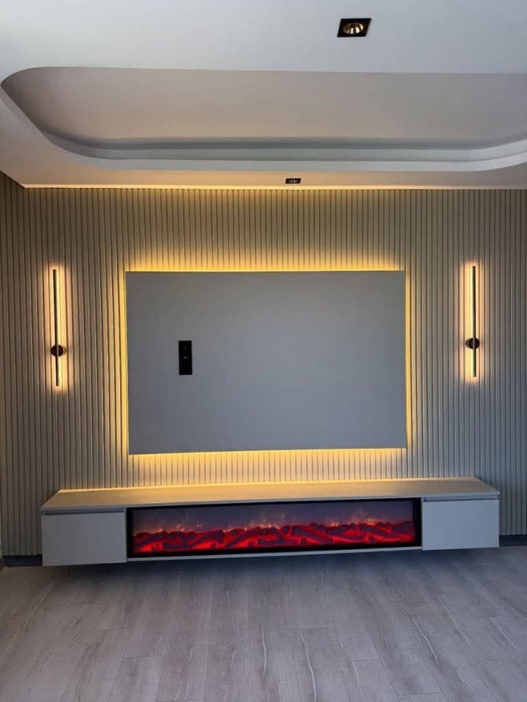 Minimalist media wall with vertical slats, LED halo, and electric fireplace console