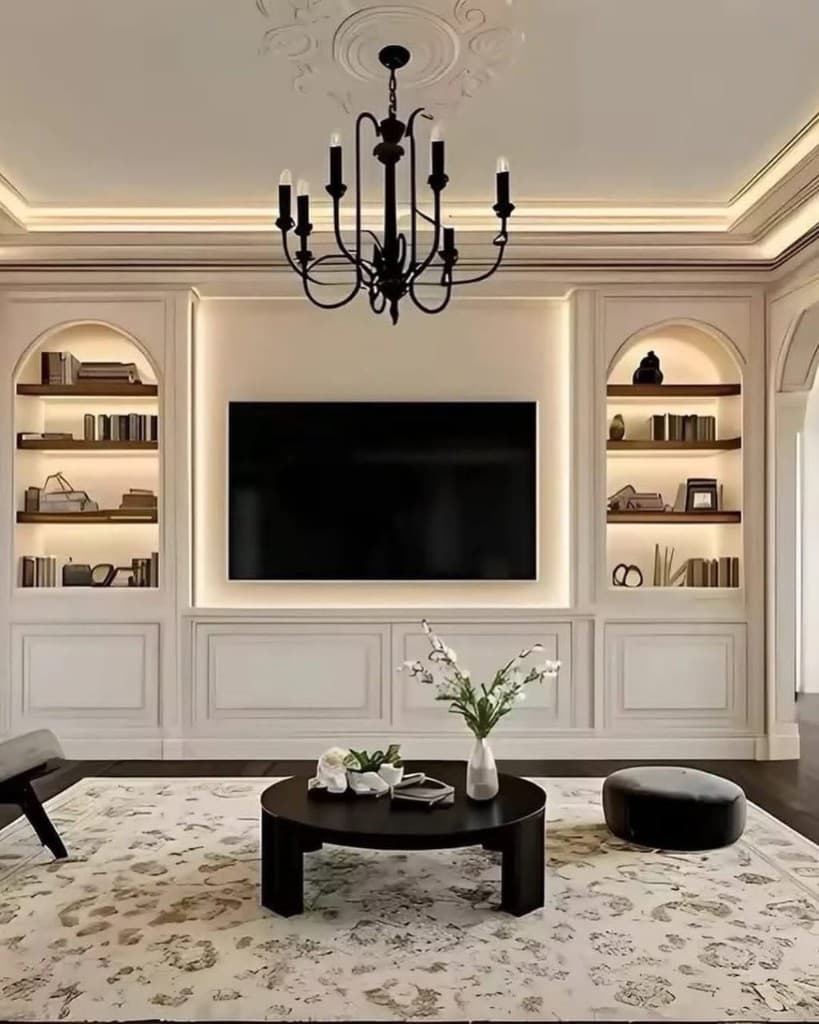 Elegant media wall with backlit TV panel and arched illuminated bookshelves