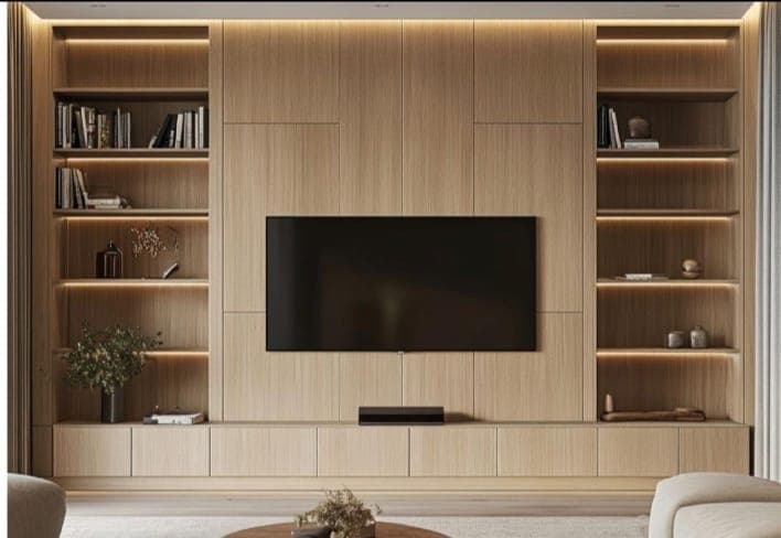 Full-height light wood media wall with lit side shelves and base cabinets