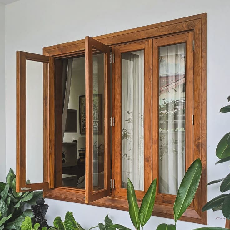 Custom wooden window with warm natural finish