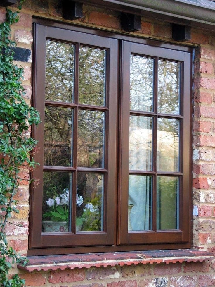 Wooden casement-style window with solid frame